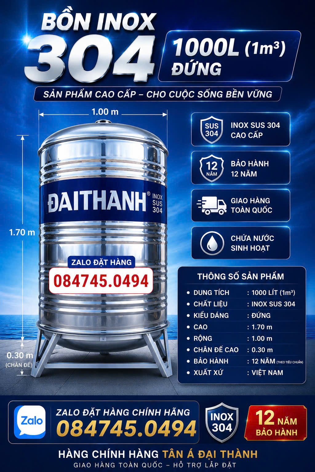 BỒN INOX ĐẠI THÀNH 1000L đứng Bình inox 304 1000 lít đứng đại thành Téc inox cao cấp 304 đại thành 1 khối đứng giao miễn phí Toàn Quốc